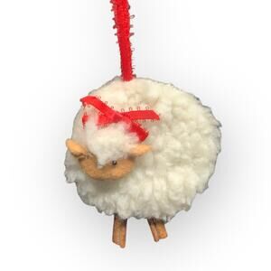 Vintage Christmas Ornament White Sheep Wool Wooly Fluffy Red Bow Handmade